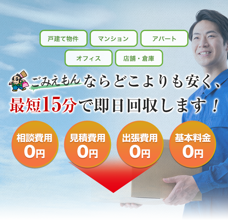 戸建て物件/マンション/アパート/オフィス/店舗・倉庫...【ごみえもん】ならどこよりも安く、最短15分で即日回収します！